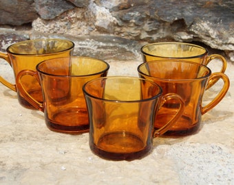 5 amber cups, Vereco cups, tempered amber glass, espresso coffee cups, cafetiere cups, French vintage, bistro chic, 1970's, 4 sets available