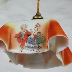 1950&#39;s lampshade, milk glass, stenciled, orange, French vintage lighting, square lampshade, pendant light, country chic, brass fitting.