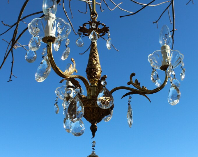 Crystal Chandelier, French Vintage Chandelier, 3 Stem Gilt Bronze/brass