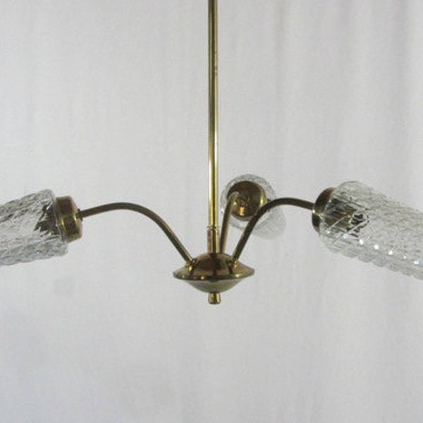 Mid century modern, 3 arm ceiling light, 3 stem glass chandelier, French vintage lighting, 1970's retro lighting.