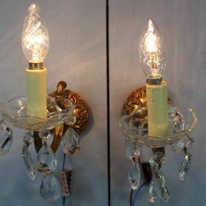 2 French wall sconce, glass crystal wall sconce, 2 romantic crystal wall lights, brass wall sconce, French vintage lighting, mid century,