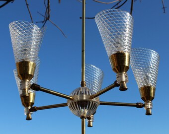 Rockabilly chandelier, ceiling light, plexiglass chandelier, Pierre Guariche style, 5 lamp chandelier, 1950's, French vintage lighting,