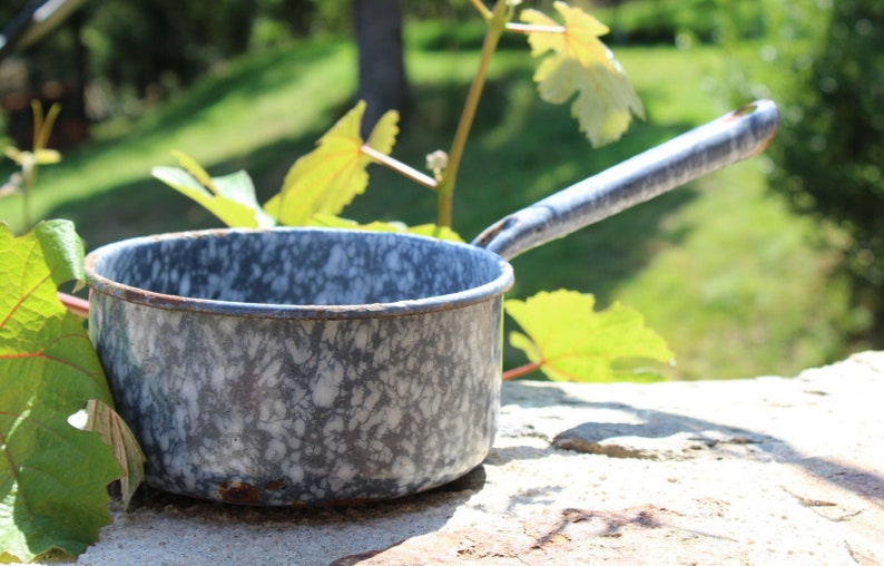 Old rustic enamel pan, French saucepan, blue marble enamel, vintage enamel caserole, French farmhouse chic, vintage enamelware image 1