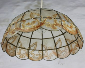 Large Capiz shell lampshade, scrolled detail capiz shell, vintage ceiling light, 1970's retro home decor, French vintage,