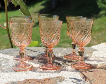 6 Rosaline, 5cl, pink glasses, small wine or apertif glasses, 4", Rosaline, swirl design, French vintage, Arcoroc glasses, 1960's glassware,