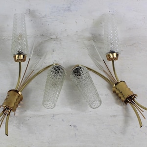 2 large double wall sconce, 2 large wall lights, patterned glass shades, wall sconce, French vintage lighting, 1950&#39;s Retro lighting