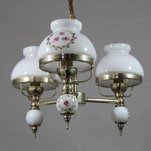 1950&#39;s French chandelier, white and gold pendant light, glass chandelier, 3 arm chandelier, ceiling light, French vintage lighting.