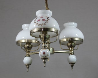 1950s French Chandelier: White & Gold 3-Arm Glass Pendant Light