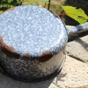 Old rustic enamel pan, French saucepan, blue marble enamel, vintage enamel caserole, French farmhouse chic, vintage enamelware image 7