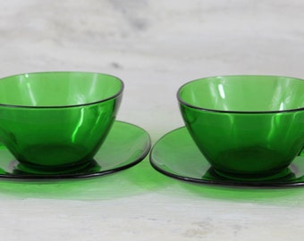 2 large green glass cups and saucers, 20cl, breakfast cups, Vereco green cups,  French vintage, retro dining, 1970's glassware,