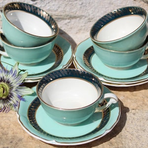 French vintage cups, 5 coffee cups, tea cups & saucers, St Amand Languedoc, St Amand cups, French vintage serving, jade cups, mid century.