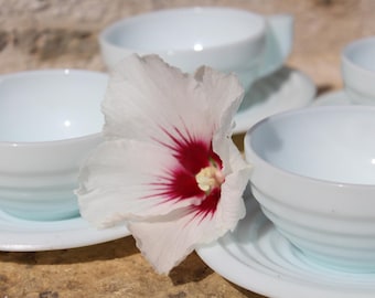 4 Vintage French Milk Glass Cup & Saucer Set: Pale Ice Blue Opaline, Art Deco