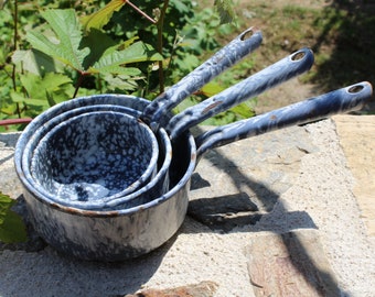 3 Rustic French enamel saucepans, blue marble enamel, vintage enamel caseroles, French farmhouse chic, vintage enamelware