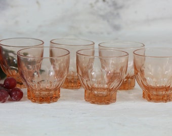 Arcoroc whisky glasses, 6 pink glasses, 7cl, Arcoroc France, squat spirit glasses, whisky tumblers, French vintage 1970, retro