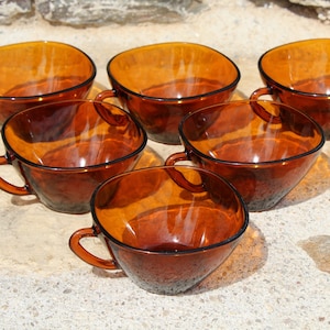 6 brown glass cups, Vereco, rich brown glass cups, tempered amber glass cups, 12cl, French vintage, 70's, bistro chic, retro dining,