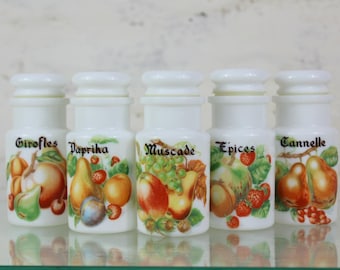 Französische Vintage Milchglas Gewürzdosen: Obst Design Küchenkanister