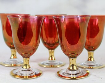 5 Beautiful red and gold glasses, French vintage glasses, 3cl, liquor glasses, aperitif glasses, multi coloured gold stem glasses,