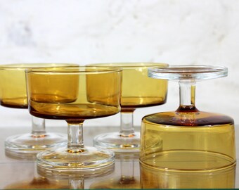 4 Luminarc Cavalier, dessert bowls, amber glass, sherbet bowls, stem glass bowls, amber glass dishes, French vintage, 1970's retro dining.