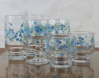 6 Arcopal glasses, arcopal veronica, 2 water glasses, 2 tumblers, 2 stem glasses, retro glassware, French vintage, 1970's,