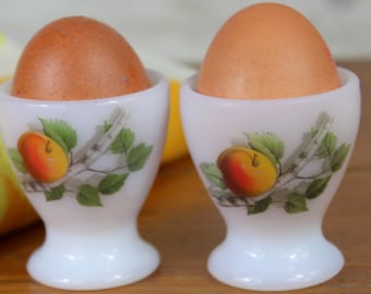 2 Arcopal egg cups, summer fruit design, milkglass egg cups, vintage egg cups, breakfast set, French vintage, 1970's. Retro kitchenware.