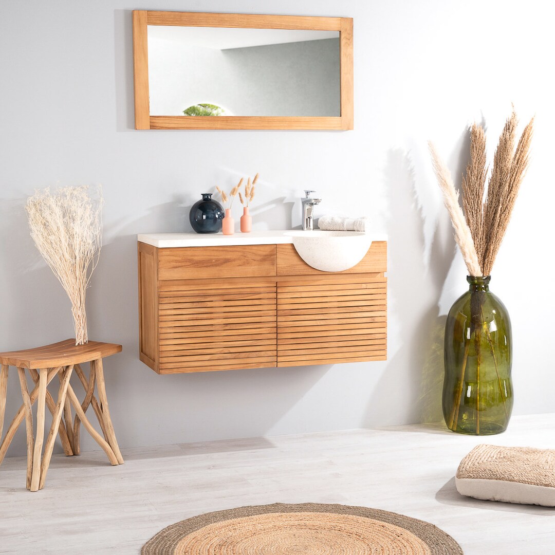 Teak Wallmounted Bathroom Vanity Unit 100 With Cream Sink Etsy
