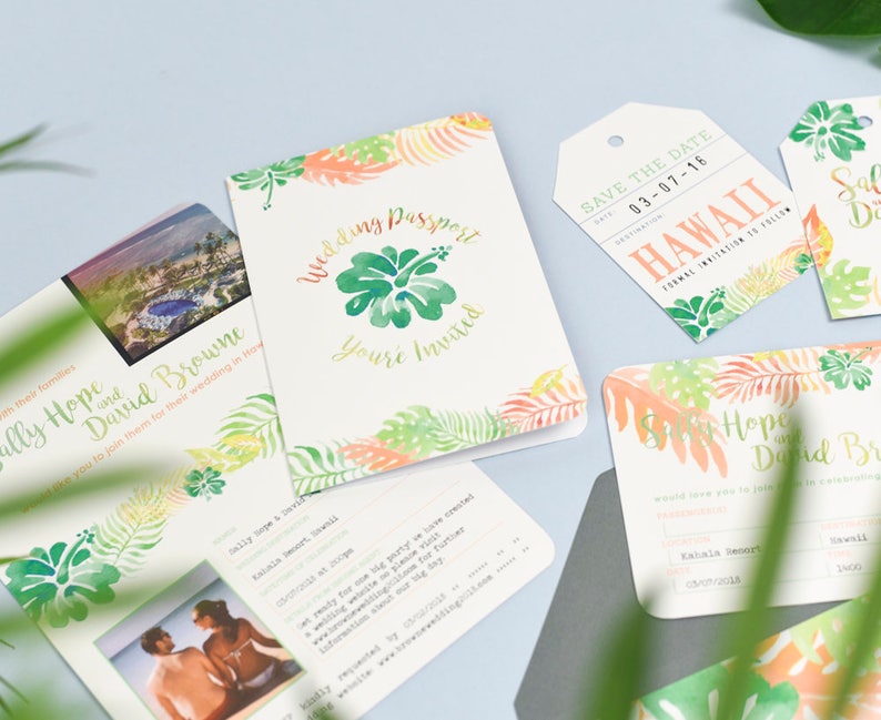 Wedding Stationery Set for Tropical Destination Wedding Custom colours at no extra charge