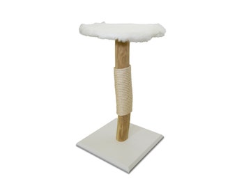 Solid wood scratching post small with sisal and white fur fabric