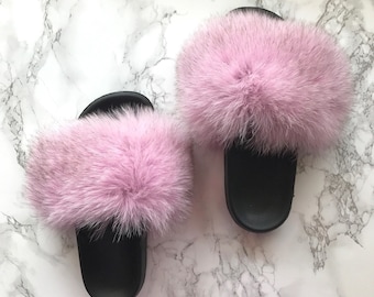 light pink fur slides