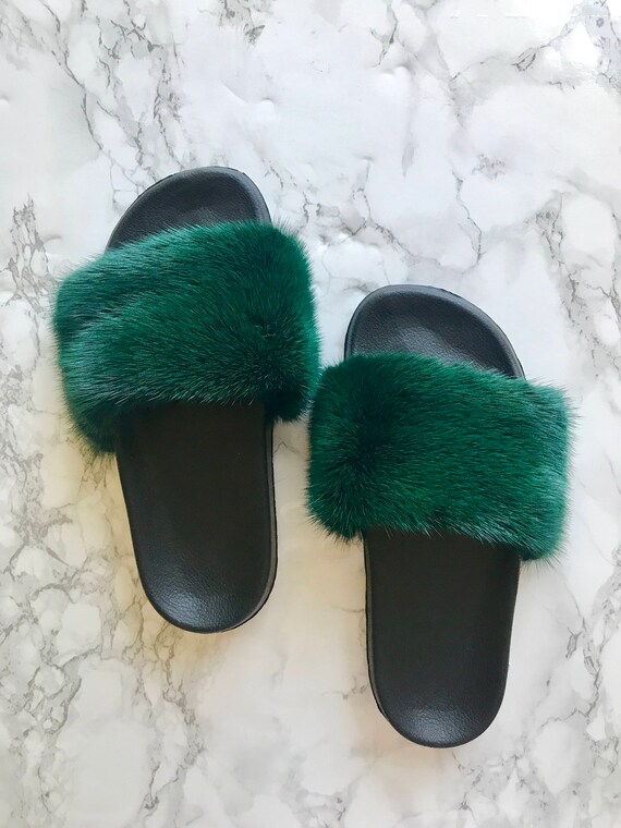 green fluffy slippers