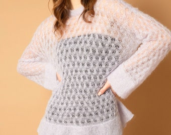 Women Hand Knitted Gray Mohair Crochet Oversized Sweater