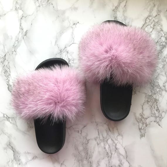 sl fluffy slides name bell color light pink real fox fur etsy