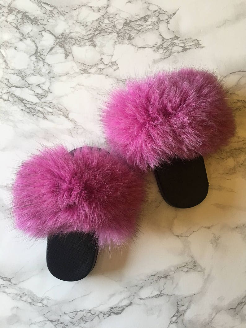 SL Mini Fluffy Slides Name Mimosa Fluffy Color Pink Fox Fur Slippers Fashion Sandals