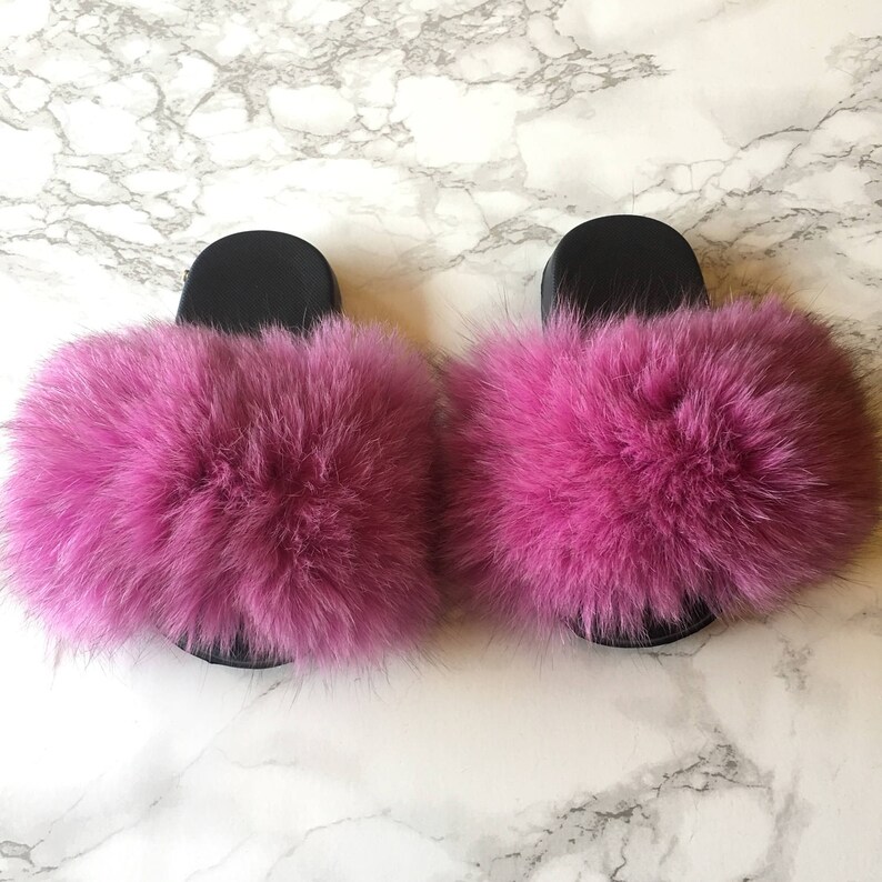 SL Mini Fluffy Slides Name Mimosa Fluffy Color Pink Fox Fur Slippers Fashion Sandals