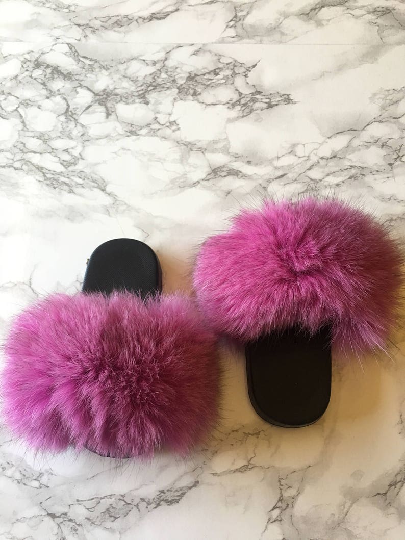 SL Mini Fluffy Slides Name Mimosa Fluffy Color Pink Fox Fur Slippers Fashion Sandals
