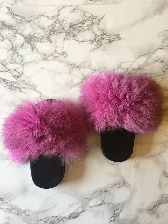 SL Mini Fluffy Slides Name Mimosa Fluffy Color  Pink Fox Fur Slippers Fashion Sandals