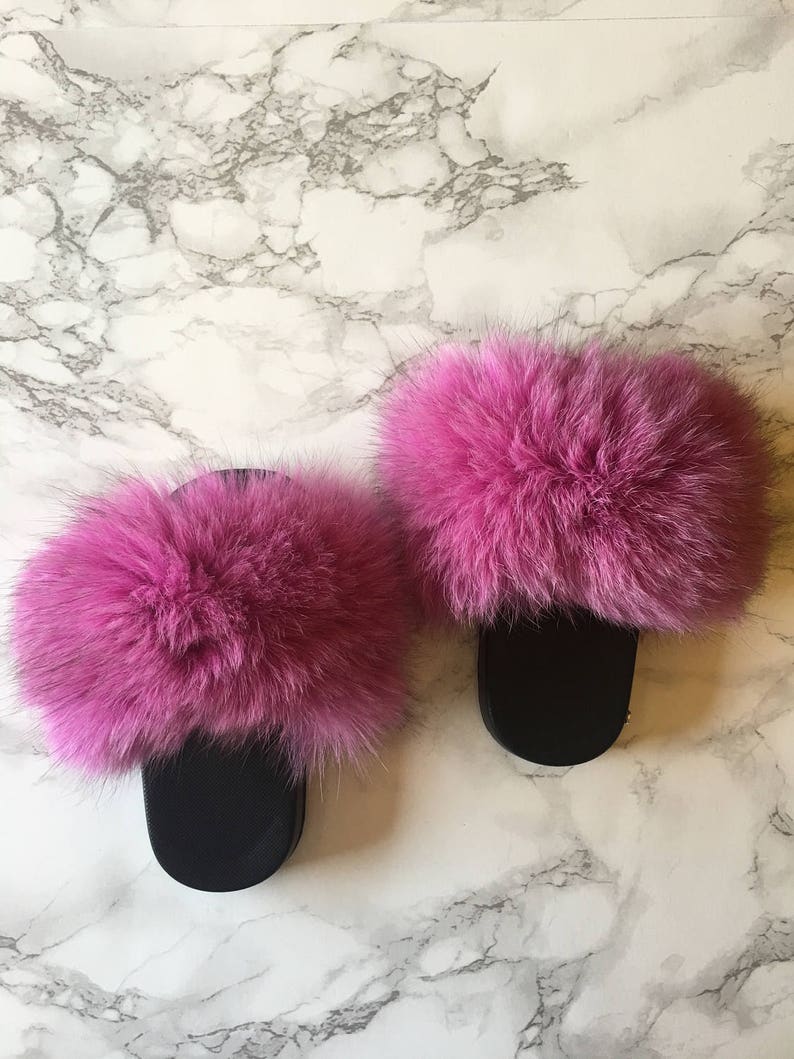 SL Mini Fluffy Slides Name Mimosa Fluffy Color Pink Fox Fur Slippers Fashion Sandals