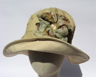 women sun hat, beige fabric flapper hat, beach gardening citty hat, large 24 size