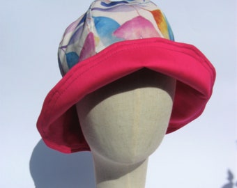 reversible summer cloche hat, floral sun hat, cotton sun hat, headcover sun protection , reversible sun hat, size ML