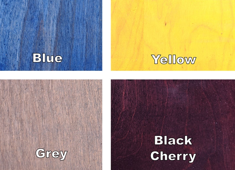 May include: A close-up image showcasing four wood samples with different colors and the names of the colors. The colors are blue, yellow, grey, and black cherry. The text is in a white, sans-serif font.