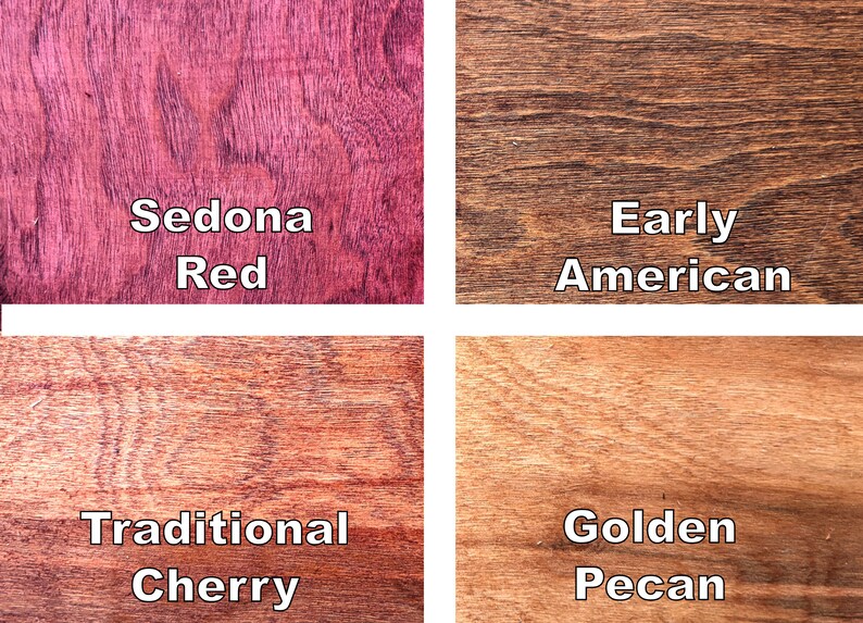 May include: A close-up of four wood stain samples. The stains are labeled "Sedona Red", "Early American", "Traditional Cherry", and "Golden Pecan". The wood grain is visible in each sample, showcasing the different colors and textures.