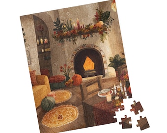 May include: A completed jigsaw puzzle depicting a cozy living room scene with a fireplace, pumpkins, and a dining table set for a meal. The puzzle has a warm color palette with autumn tones and a few puzzle pieces are separate.