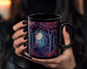 Mystical Forest Owl Black Mug, Colorful Autumn Coffee Cup