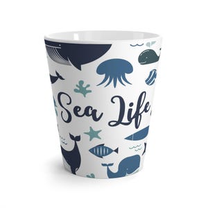 Ocean Life Latte Mug, Whale Coffee Cup, Sea Animal Ceramic Drinkware, Nautical Tea Mug, Beach Theme Cup