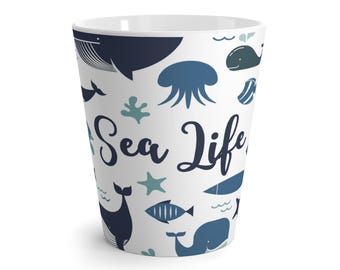 Ocean Life Latte Mug, Whale Coffee Cup, Sea Animal Ceramic Drinkware, Nautical Tea Mug, Beach Theme Cup