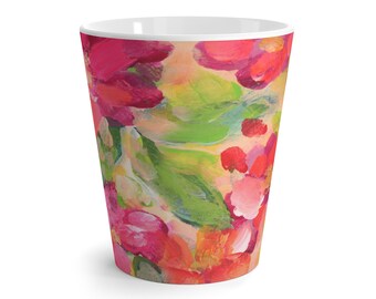 Vibrant Floral Latte Mug, Red Pink Green Art Coffee Cup (12oz)
