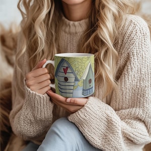 Birdsong Cottage Whimsical Mug, Colorful Birdhouse Mug, Country Nature Coffee Mug, Garden Lover Gift, 11 oz, 15 oz, and 20 oz gift mugs