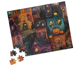 May include: A Halloween jigsaw puzzle depicting a fantastical townscape with colourful buildings, illuminated windows, and pumpkin lanterns. Several puzzle pieces are separate from the main image, showing the puzzle's construction.