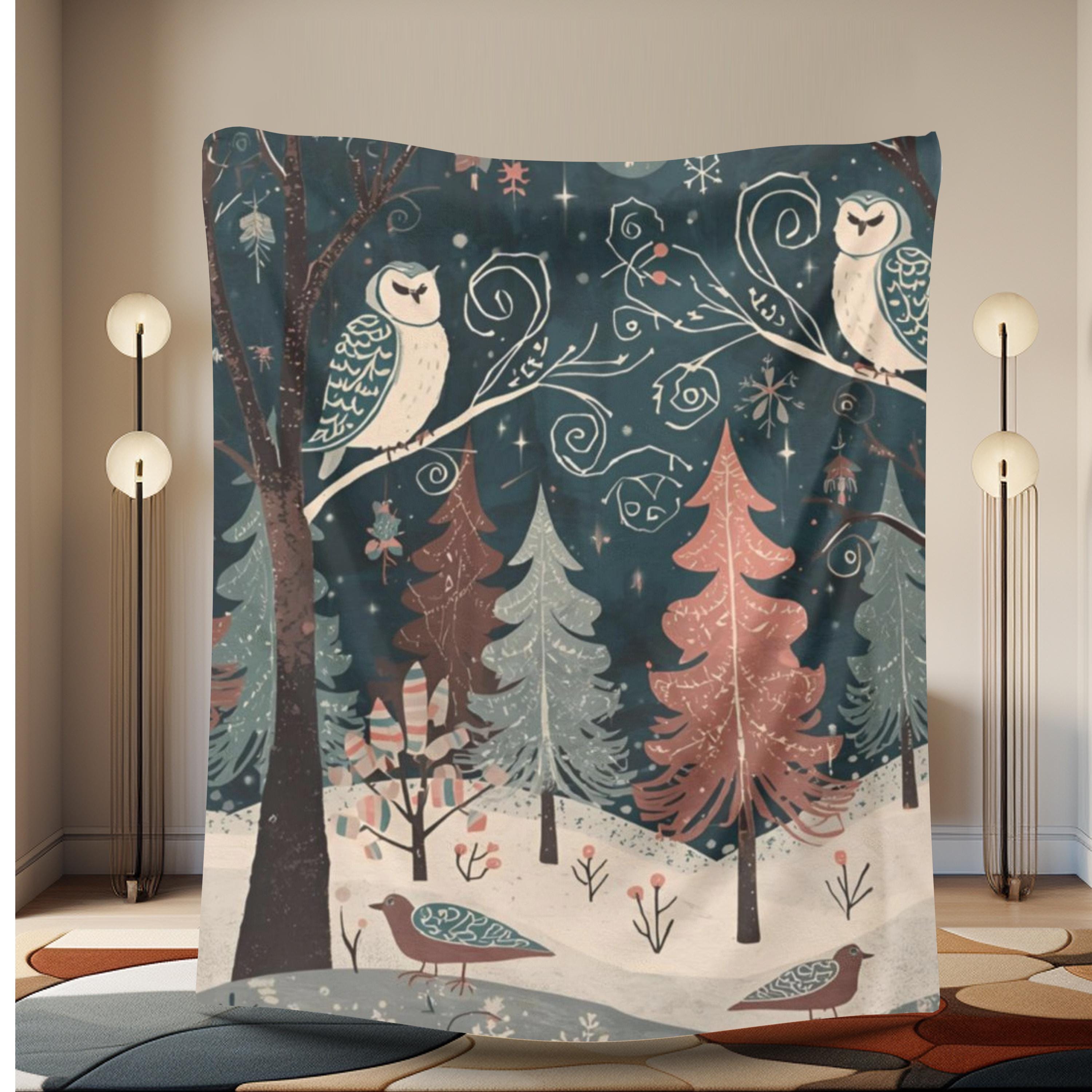 Whimsical Winter Owl Forest Velveteen Plush Blanket | Cozy Woodland Throw | Soft Plush Blanket Gift