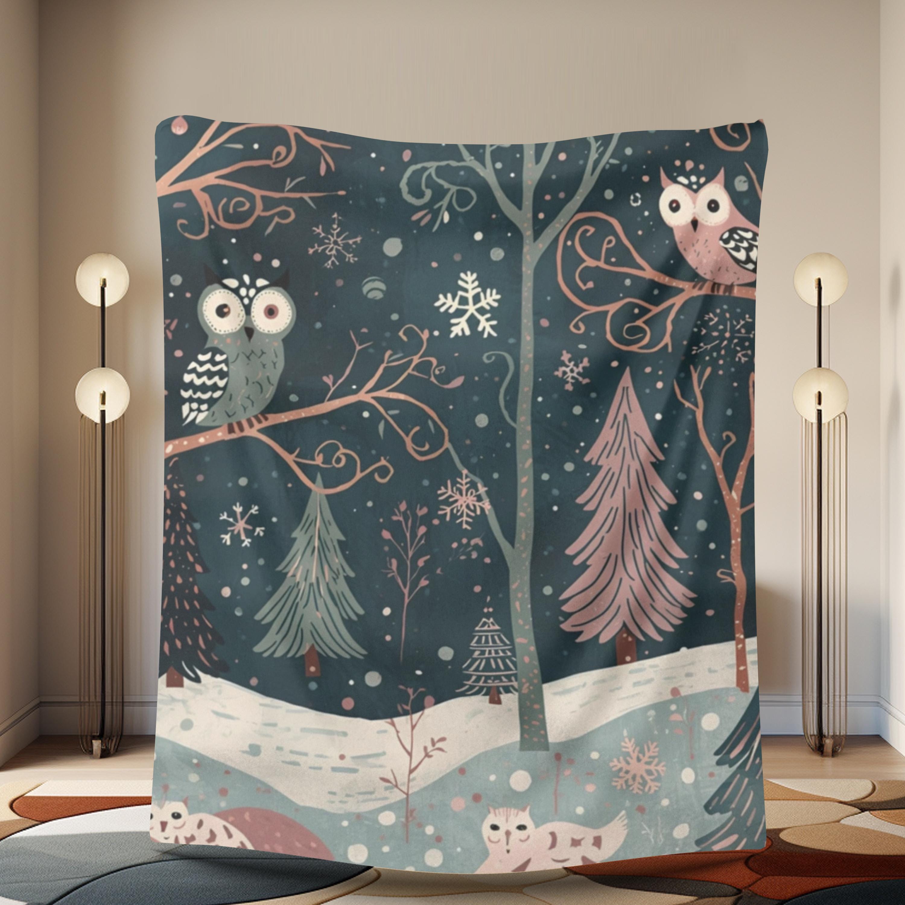 Whimsical Owl Sherpa Fleece Blanket | Cozy Winter Throw | Soft Owl Blanket Gift | Snowflake & Pi