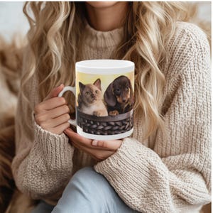Dachshund and Cat in Basket Coffee Mug for Pet Lovers, 11oz Mug, Gift for Cat Lovers, Gift for Dog Lovers, Gift for Animal Lovers